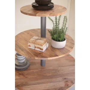 Round Three-Tiered Mango Wood and Iron Display Tower 4