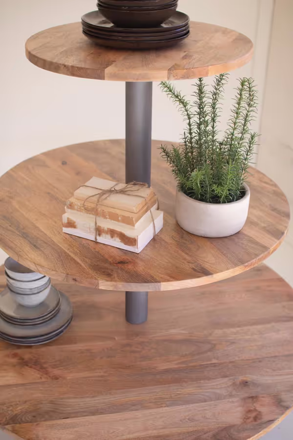 Round Three-Tiered Mango Wood and Iron Display Tower