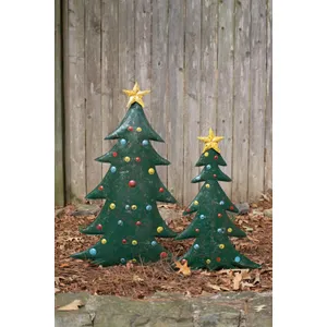 Set of 2 Hand-Hammered Metal Christmas Tree Yard Stakes 1