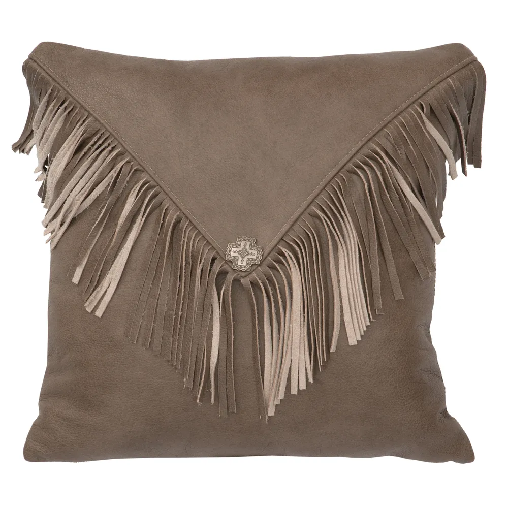Silver Fox Leather Pillow with Fringe - Fabric Back