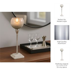 GLASS, 17" VOTIVE HOLDER W MARBLE STAND, SAGE/SILV 9