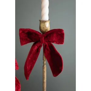Set of 2 Antique Brass Taper Candle Holders with Velvet Bows 2