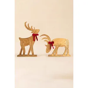 Set of 2 Carved Mango Wood Reindeer with Red Velvet Ribbon and Painted Gold Detail 2