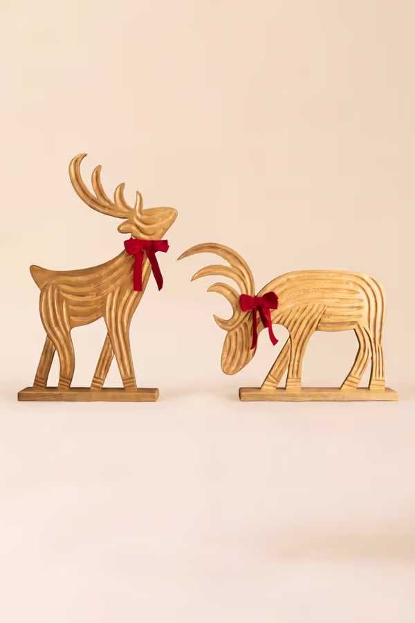 Set of 2 Carved Mango Wood Reindeer with Red Velvet Ribbon and Painted Gold Detail