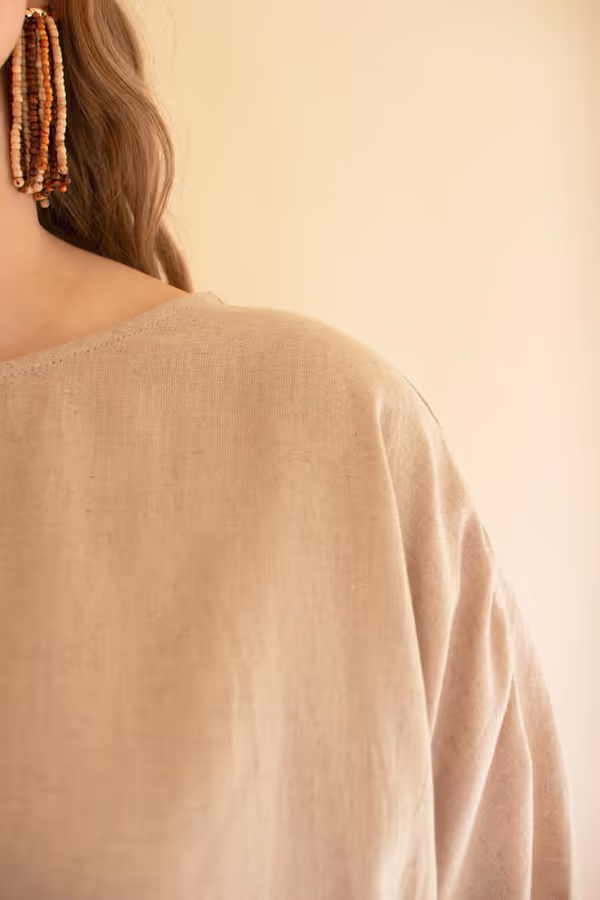 Short-Sleeve Blouse with Button Detail on Sleeves / Oatmeal