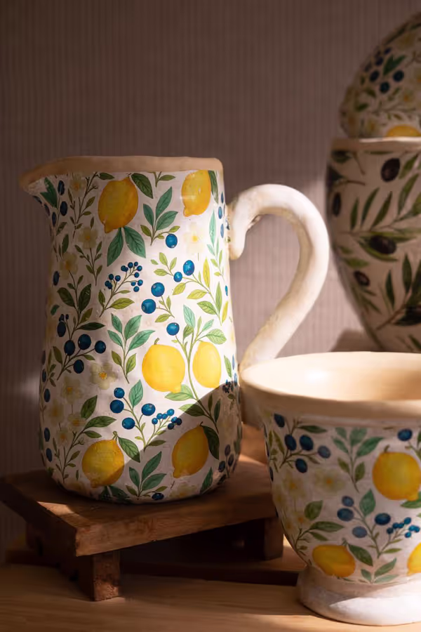 Set of 2 Cement Pitcher and Planter with Lemons