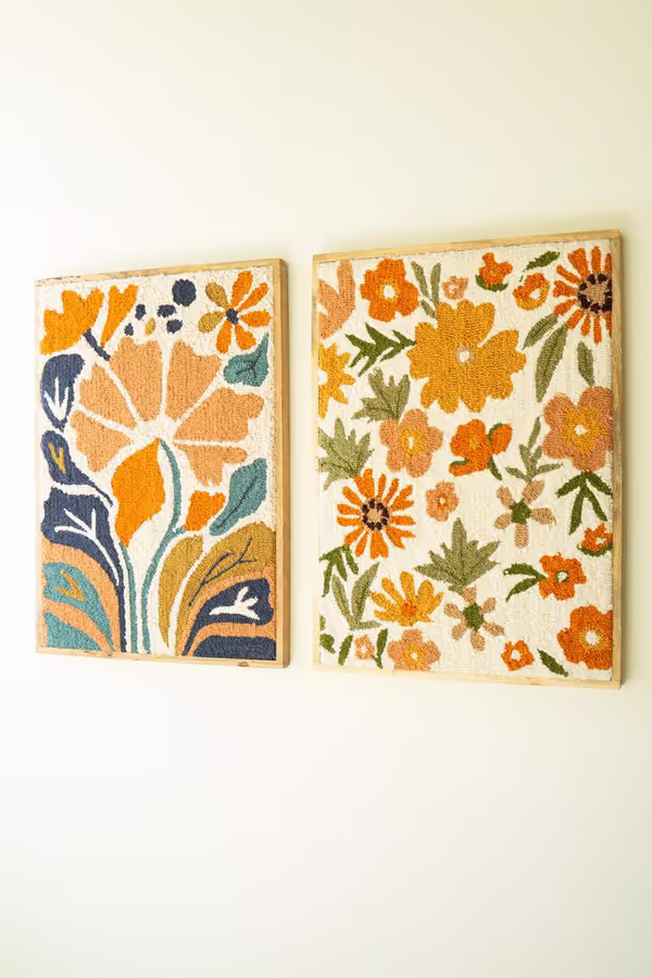 Set of 2 Framed Hand-Hooked Florals