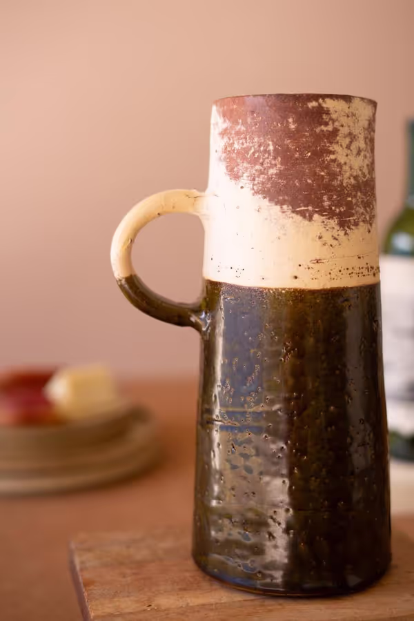 Tall Single Handle Brown and White Pitcher Vase