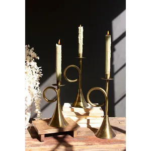 Set of 3 Antique Brass Trumpet Taper Candle Holders 1