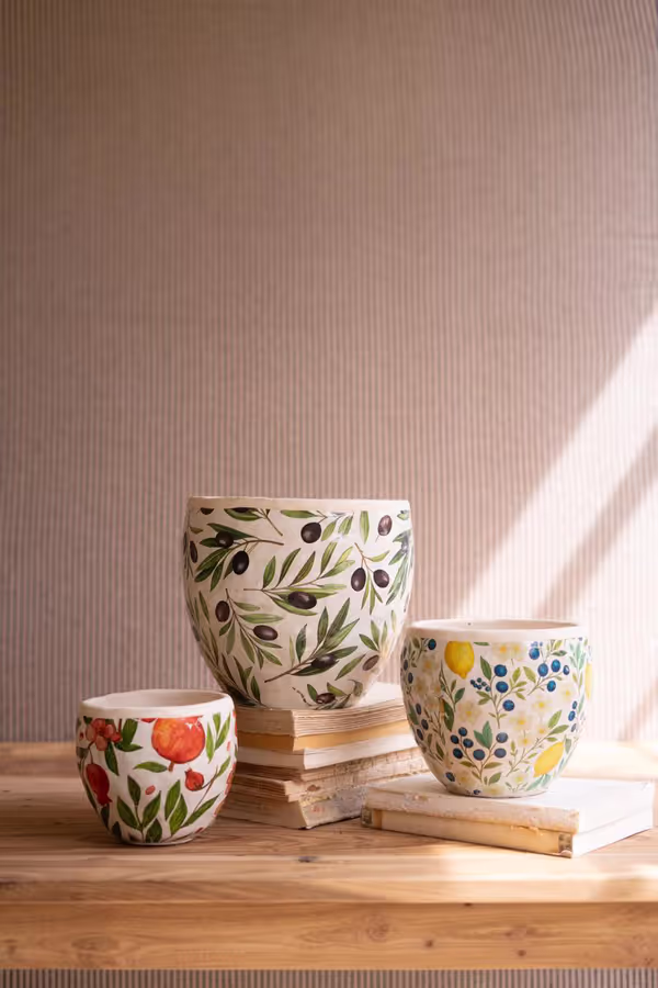 Set of 3 Cement Planters with Olives, Lemons, and Pomegranates