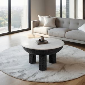 33" CHUNKY LEG COFFEE TABLE MARBLE TOP, WHITE/BLK 2
