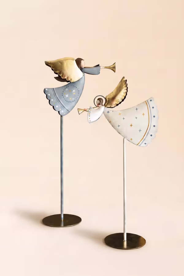 Set of 2 Painted Metal Blue and White Christmas Angels on Stands