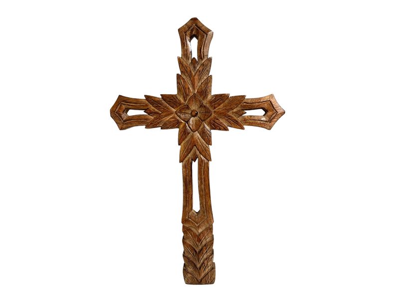 21" x 13.5" Carved Leaf Wood Cross 1