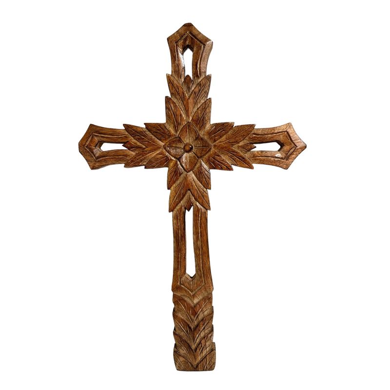 21" x 13.5" Carved Leaf Wood Cross