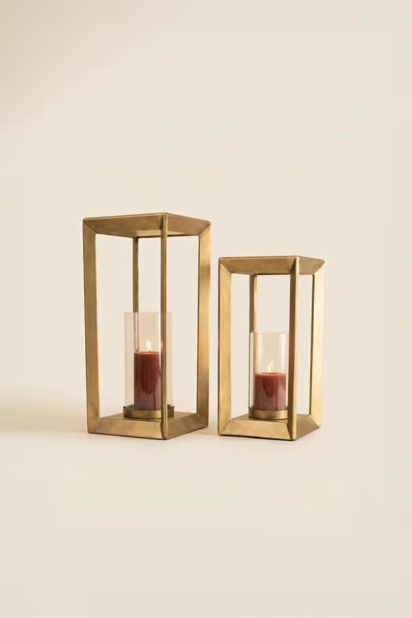 Set of 2 Metal Framed Lanterns with Clear Glass Hurricanes