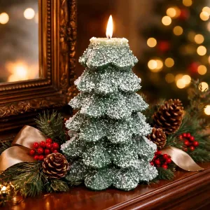 Green Christmas Tree with White Glitter Moving Flame LED Candle 5x6.5in 1