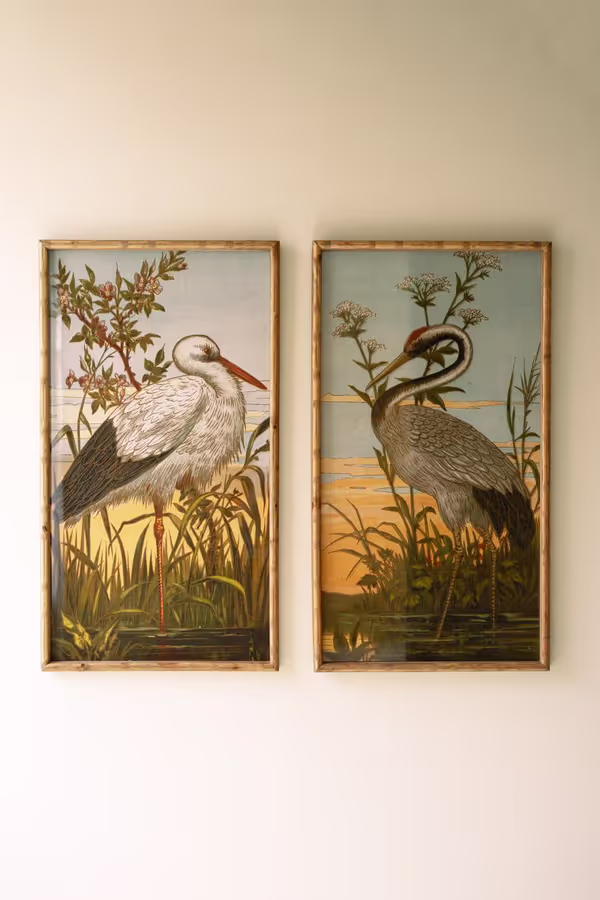 Set of 2 Framed Heron Prints under Glass