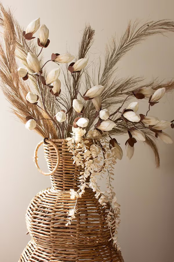 Set of 3 Woven Seagrass and Iron Floor Vases