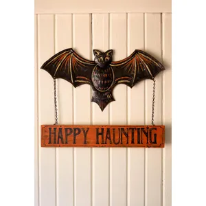 Hand-Hammered Painted Metal Bat with Happy Haunting Sign Wall Hanging 1