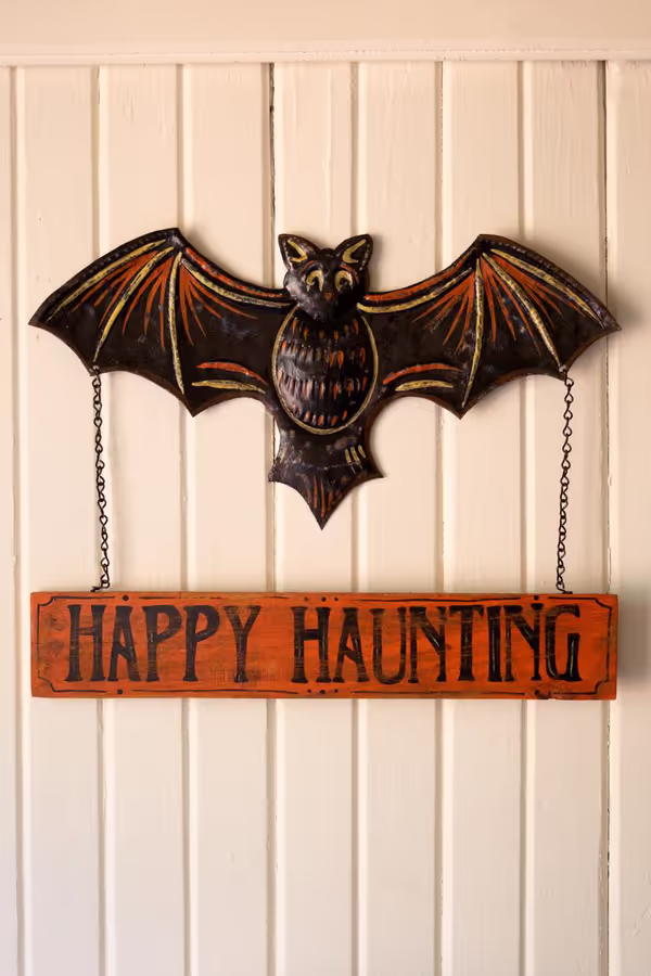 Hand-Hammered Painted Metal Bat with Happy Haunting Sign Wall Hanging