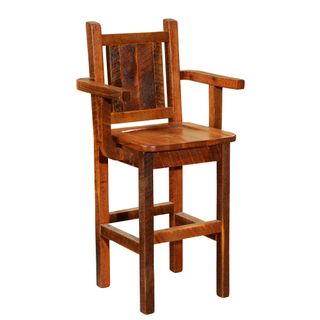 Barnwood Artisan Barstool with Arms - Wood Back and Seat - Antique Oak - 25w x 21d x 48h