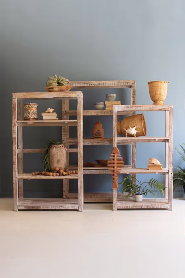Set of 3 Recycled White-Washed Wood Shelving Units