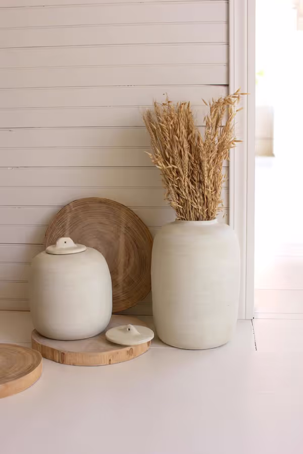 Set of 2 Ivory Ceramic Canisters