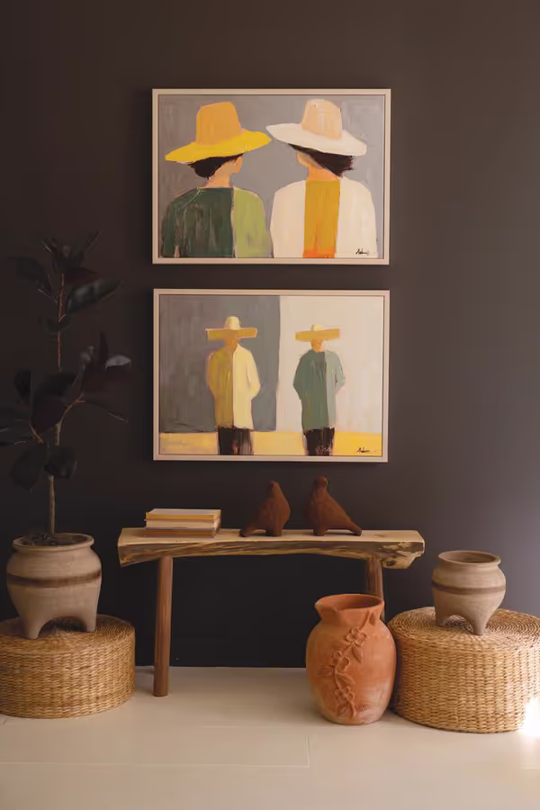 Set of 2 Framed Men and Women in Hats Paintings