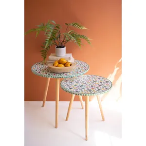 Set of 2 Wooden Accent Tables with Capiz Shell Fish Detail 1