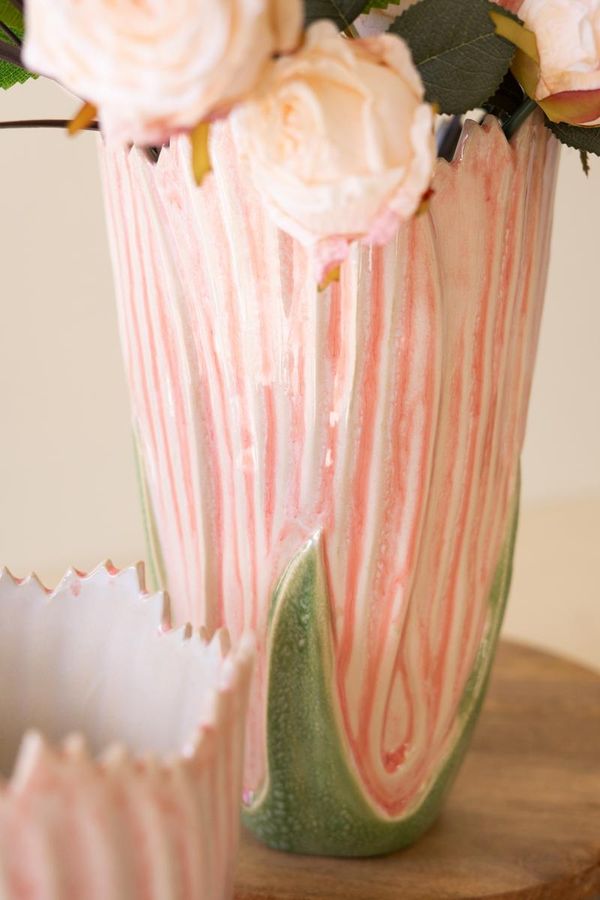 Set of 2 Pink and Green Ceramic Vases