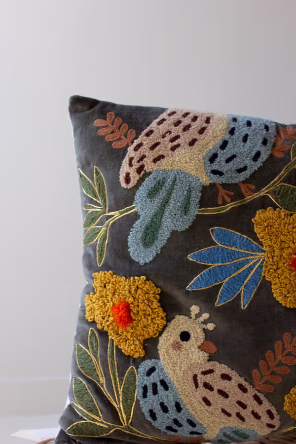 Set of 2 Embroidery Pillows with Birds