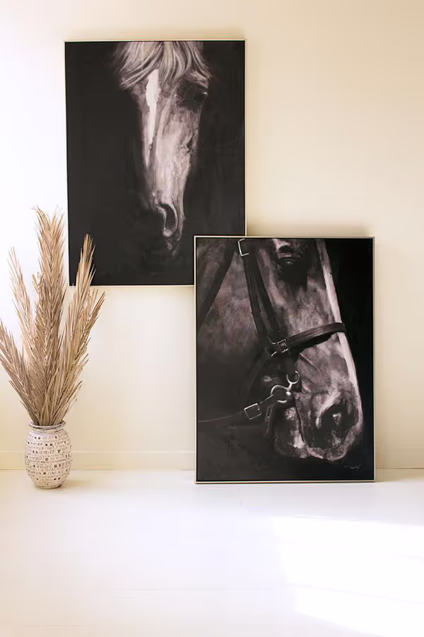Framed Black and White Front View Horse Painting