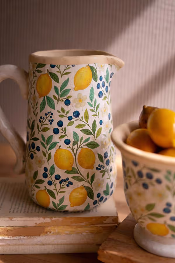 Set of 2 Cement Pitcher and Planter with Lemons