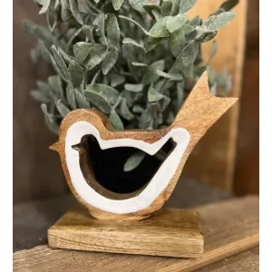 White Enamel Wooden Bird on Base 6x5in 2