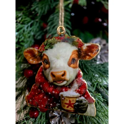 Christmas Cow Ornament 4x4.25in