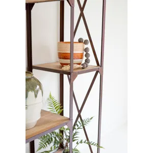 Iron and Wood Display with Alternating Shelves and Iron Casters 2