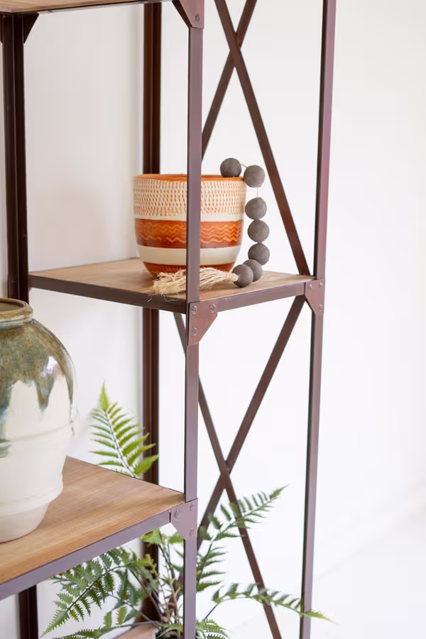Iron and Wood Display with Alternating Shelves and Iron Casters