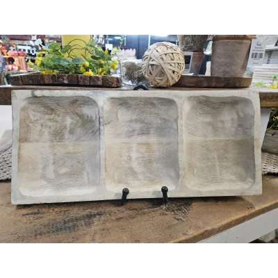 White Washed 3 Sectional Wooden Tray 18x8x1in