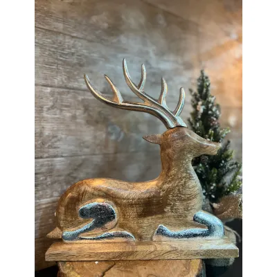 Wooden Laying Deer with Silver Antlers 13x13in
