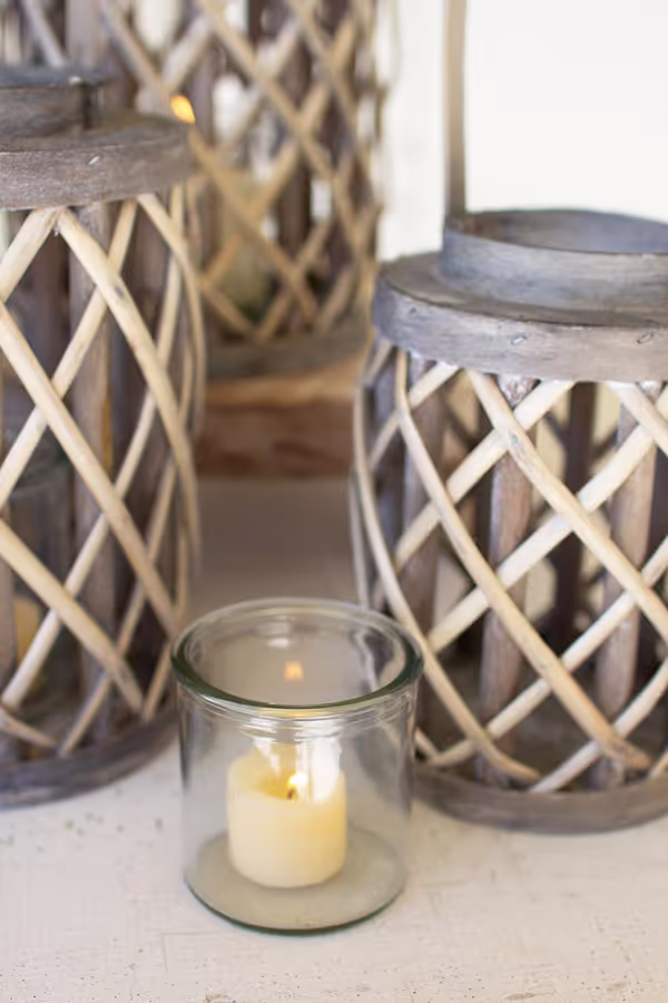 Set of 4 Grey Willow Cylinder Lanterns with Glass Inserts