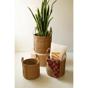 Set of 3 Round Braided Seagrass Storage Basket with Handles 1