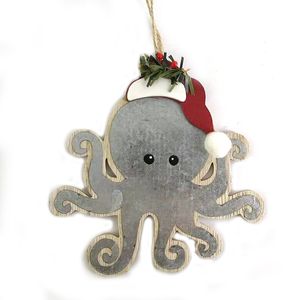 5" WOODEN OCTOPUS W/SANTA HAT ORNAMENT 1