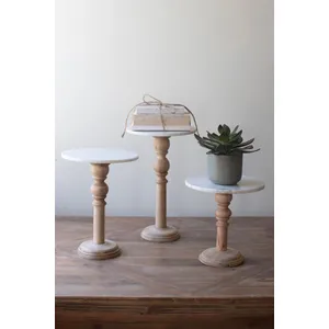Set of 3 Wooden Display Stands with White Marble Tops 2