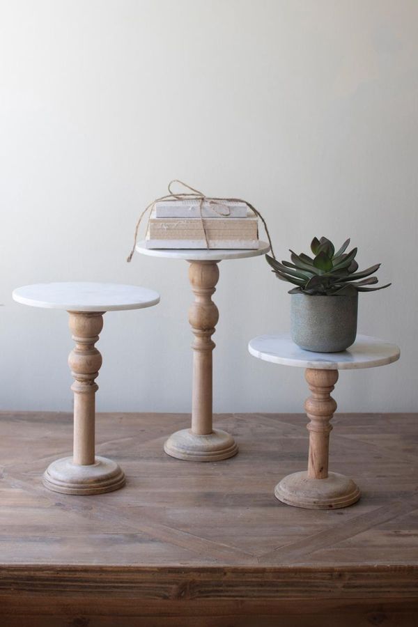 Set of 3 Wooden Display Stands with White Marble Tops