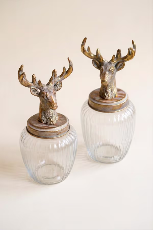 Set of 2 Glass Canisters with Reindeer Tops