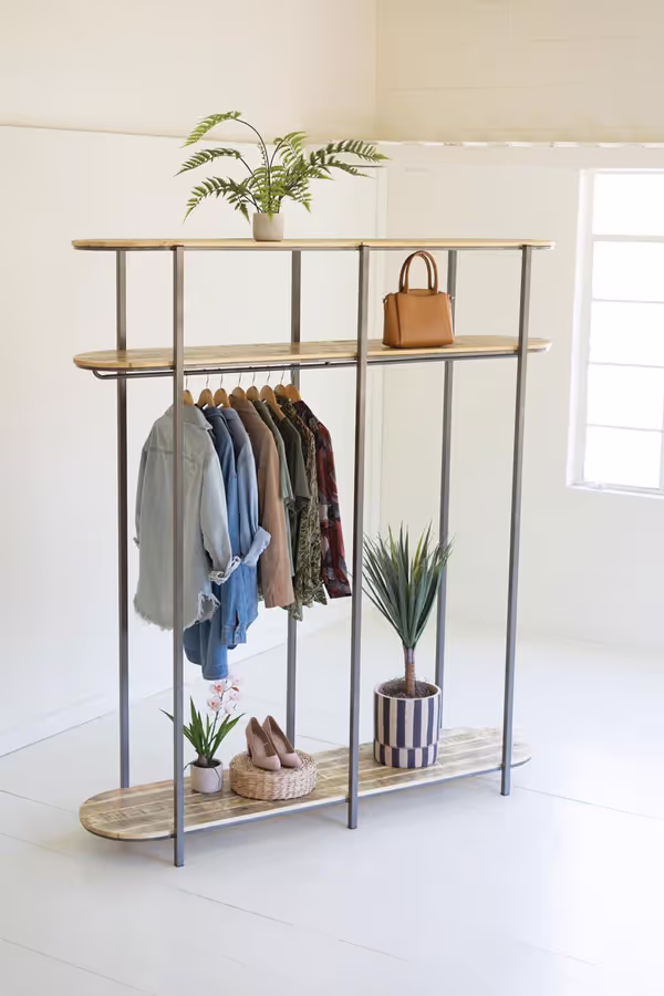 Tall Iron and Recycled Wood Garment Display