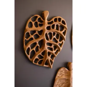 Set of 3 Carved Teakwood Leaves Wall Art 3