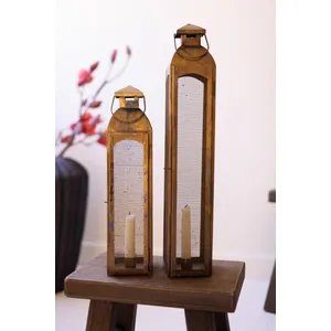 Set of 2 Antique Brass Taper Candle Lanterns with Wire Screen 3