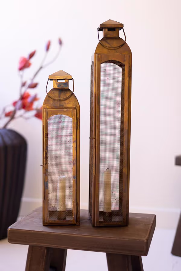 Set of 2 Antique Brass Taper Candle Lanterns with Wire Screen