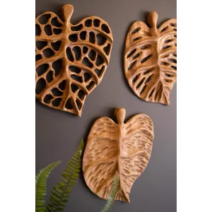 Set of 3 Carved Teakwood Leaves Wall Art 2